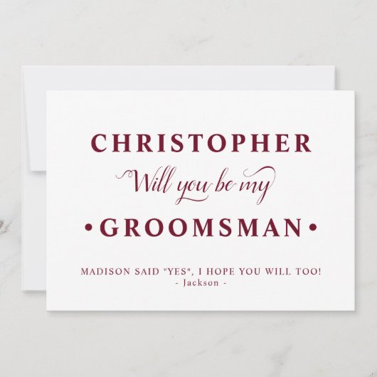 Bourgogne Wit Minimalistische Groomsman Proposal K Kaart (Voorkant)
