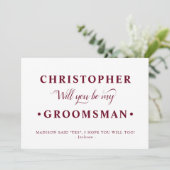 Bourgogne Wit Minimalistische Groomsman Proposal K Kaart (Staand voorkant)