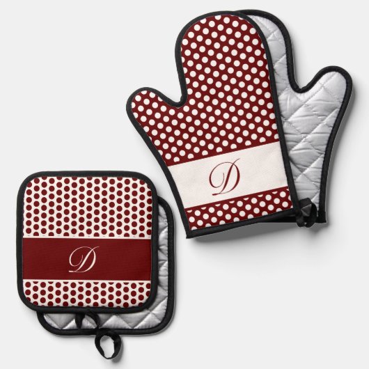 Bourgogne & Wit Monogrammed Polka-Dot Ovenwant & Pannenlap Set (Voorkant / Achterkant)