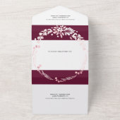 Bourgogne, witte bloemenkrans met trouwhartjes all in one uitnodiging (Buitenkant)