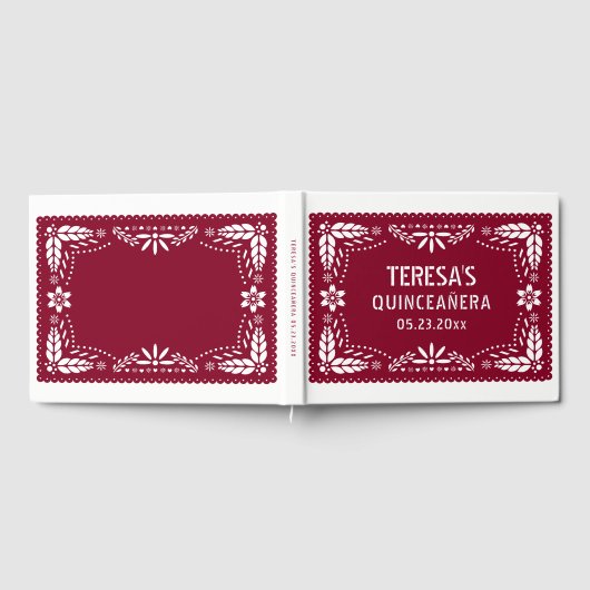 Bourgogne, witte papel picado Mexicaanse Quinceañe Gastenboek (Volledig)