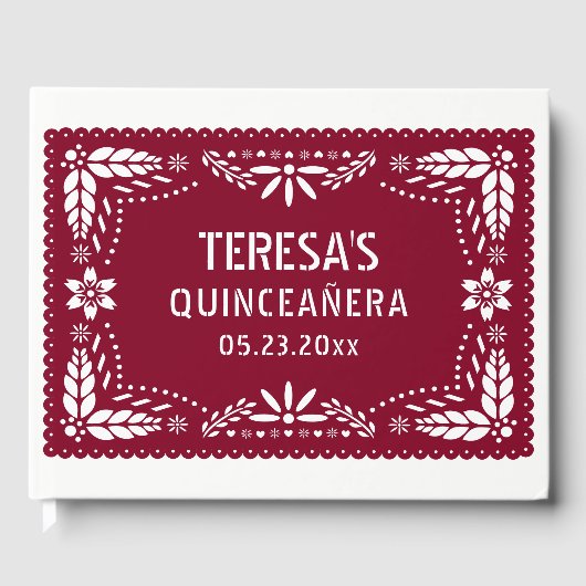 Bourgogne, witte papel picado Mexicaanse Quinceañe Gastenboek (Voorkant)