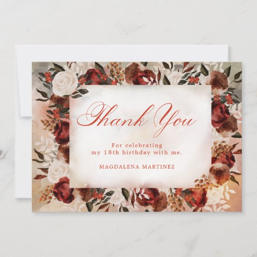 Bourgogne Witte Rose Herfst Bloemen 18e Verjaardag Bedankkaart (Voorkant)
