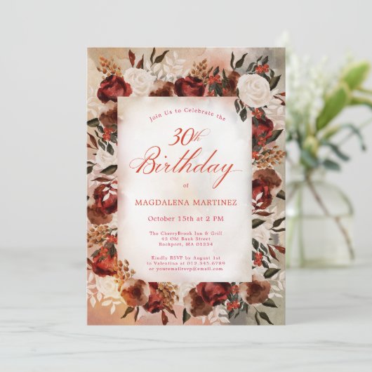 Bourgogne Witte Rose Herfst Bloemen 30e Verjaardag Kaart (Staand voorkant)