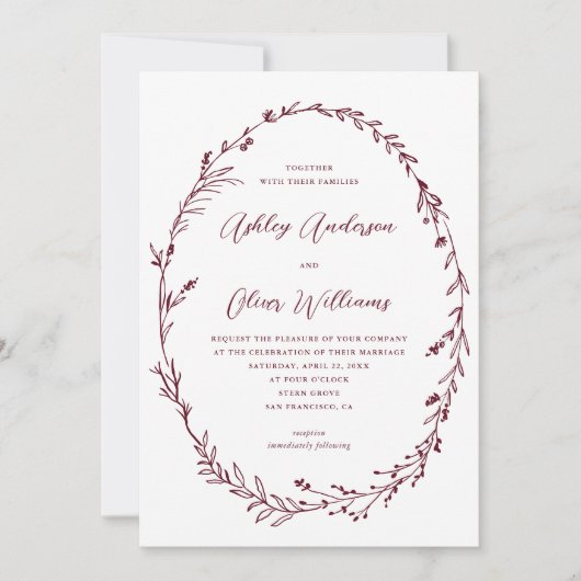 Bourgogne + Witte rustieke Wildflower krans bruilo Kaart (Voorkant)