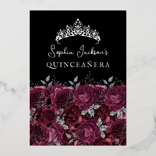 Bourgogne Zilver Bloemen Roos Quinceanera Folie Uitnodiging (Voorkant)