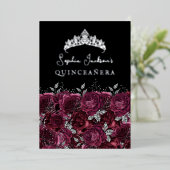 Bourgogne Zilver Bloemen Roos Quinceanera Folie Uitnodiging (Staand Voorkant)