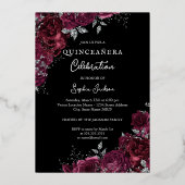 Bourgogne Zilver Bloemen Roos Quinceanera Folie Uitnodiging (Achterkant)