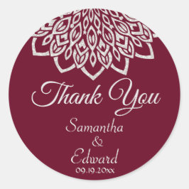 Bourgogne Zilver Elegant Mandala Bruiloft Ronde Sticker