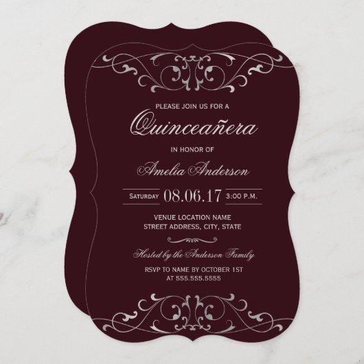 Bourgogne Zilver Elegant Quinceanera Uitnodiging (Voorkant / Achterkant)