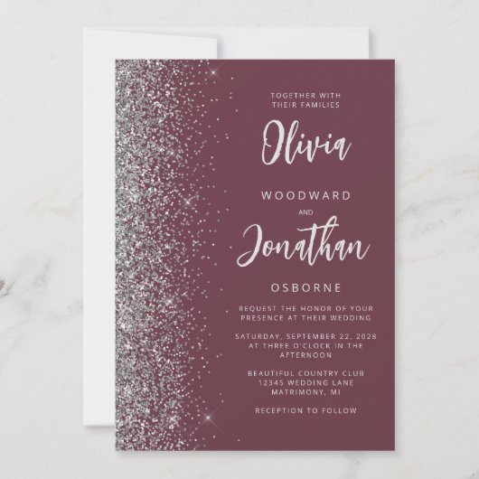 Bourgogne Zilver Glitter Script QR Code Huwelijk Kaart (Voorkant)