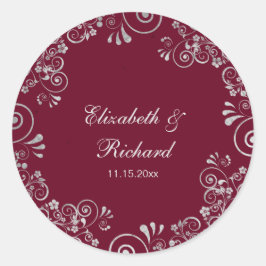 Bourgogne Zilver Grijs Script Floral krans bruilof Ronde Sticker