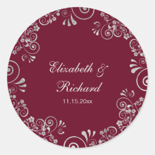Bourgogne Zilver Grijs Script Floral krans bruilof Ronde Sticker