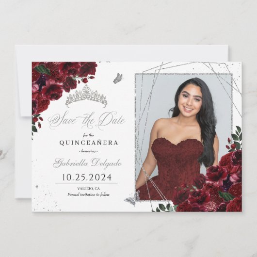 Bourgogne zilver quinceañera Save the Date Foto Kaart (Voorkant)