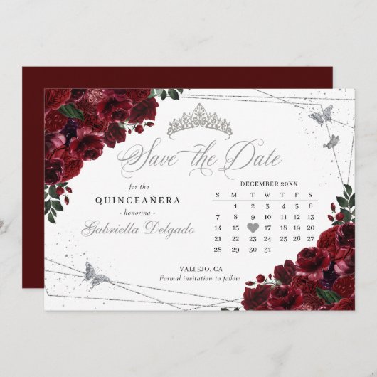 Bourgogne & Zilver Quinceañera Save The Date Kaart (Voorkant / Achterkant)
