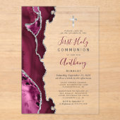 Bourgogne Zilveren Agaat Eerste Heilige Communie Acryl Uitnodigingen (Voorkant)