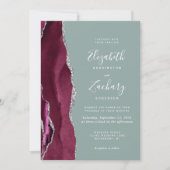 Bourgogne Zilveren Agaat Sage Groen QR Code Huweli Kaart (Voorkant)