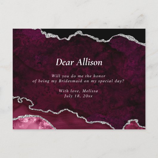 Bourgogne zilveren agaat zal je mijn bruidsmeisje  uitnodiging briefkaart (Achterkant)