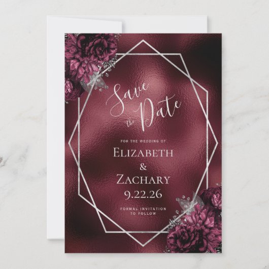 Bourgogne Zilveren Bloemen Geometrische Save the D Save The Date (Voorkant)
