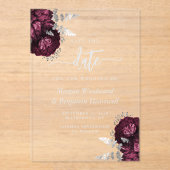 Bourgogne Zilveren Bloemen Huwelijk Save the Date Acryl Uitnodigingen (Voorkant)
