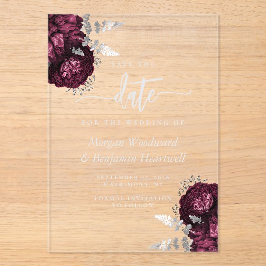 Bourgogne Zilveren Bloemen Huwelijk Save the Date Acryl Uitnodigingen (Voorkant)