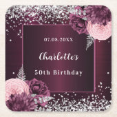 Bourgogne zilveren bloemen verjaardag kartonnen onderzetters (Voorkant)