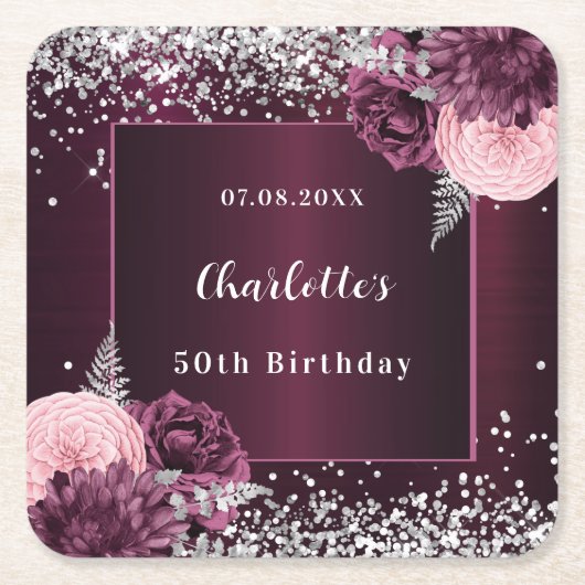 Bourgogne zilveren bloemen verjaardag kartonnen onderzetters (Voorkant)