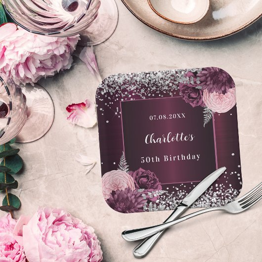Bourgogne zilveren bloemen verjaardag papieren bordje