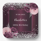 Bourgogne zilveren bloemen verjaardag papieren bordje (Voorkant)