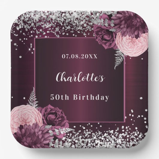 Bourgogne zilveren bloemen verjaardag papieren bordje (Voorkant)