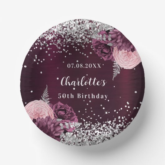 Bourgogne zilveren bloemen verjaardag papieren kommen (Voorkant)