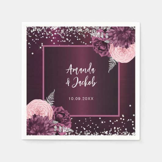 Bourgogne zilveren bloemetjes bruiloft servet (Voorkant)