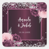 Bourgogne zilveren bloemetjes bruiloft vierkante sticker (Voorkant)
