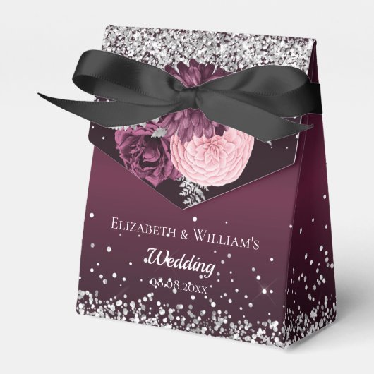 Bourgogne zilveren bloemetjes dank u bruiloft bedankdoosjes (Voorkant Zijde)