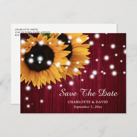 Bourgogne Zonnebloem Bruiloft Save The Date Briefk Aankondigingskaart (Voorkant / Achterkant)