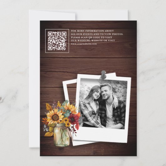 Bourgogne Zonnebloemen Hout QR Code Trouwfoto Save The Date (Achterkant)