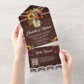 Bourgogne Zonnebloemen Mason Jar Wood QR Code Brui All In One Uitnodiging (Afscheurbaar)