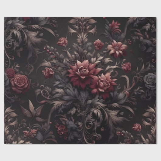 Bourgogne Zwart Bloemen Cadeaupapier (Vlak)