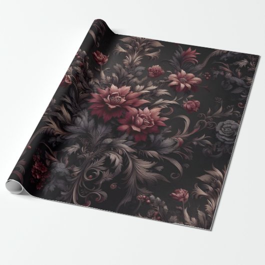 Bourgogne Zwart Bloemen Cadeaupapier (Uitgerold)