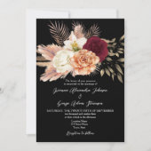 Bourgogne Zwart Bloemen QR Code Huwelijk Kaart (Voorkant)