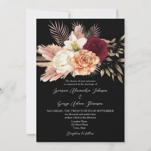 Bourgogne Zwart Bloemen QR Code Huwelijk Kaart (Voorkant)