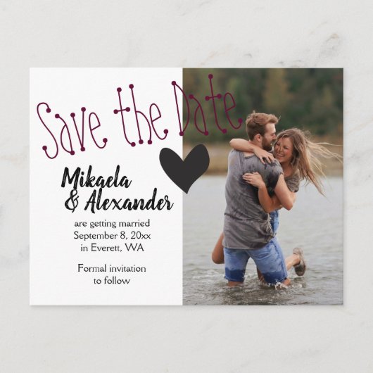 Bourgogne Zwart Bruiloft Save the Date Foto Briefkaart (Voorkant)