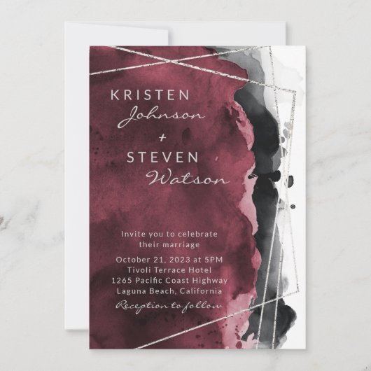 Bourgogne Zwart & Zilver Bruiloft Uitnodiging (Voorkant)