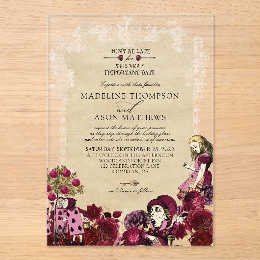  Bourgognige Alice in Wonderland Weddenschap Acryl Uitnodigingen (Voorkant)