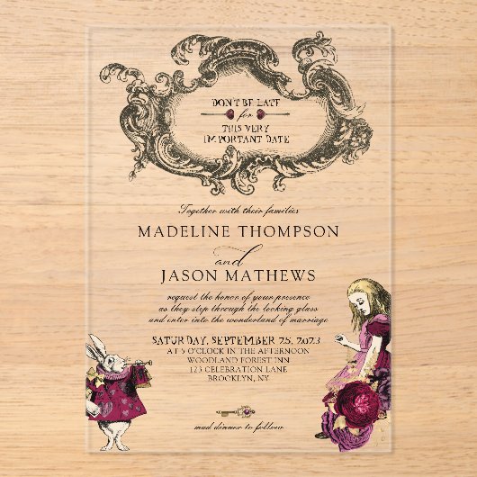  Bourgognige Alice in Wonderland Weddenschap Acryl Uitnodigingen (Voorkant)