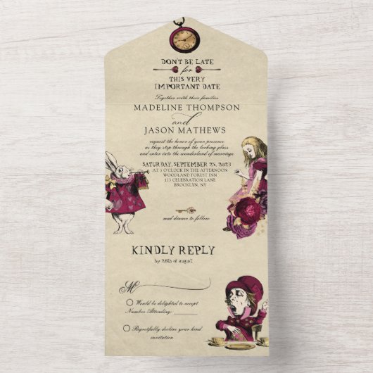 Bourgognige Alice in Wonderland Weddenschap All In One Uitnodiging (Binnen)