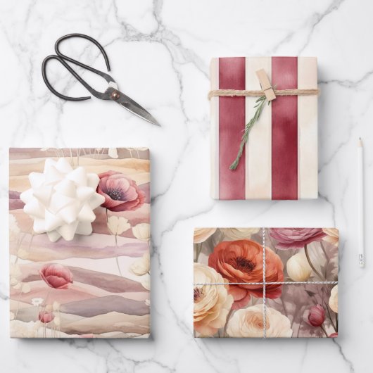 Bourgondi crème blush bloemrijke bruiloft inpakpapier vel (Voorkant)