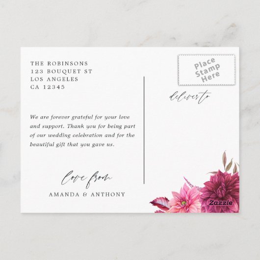 Bourgondi en Roze Herfst Bruiloft Bedankt Briefkaart (Achterkant)