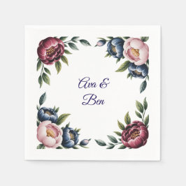 Bourgondi-Navy en Blush Pioen Rozen Huwelijksbloem Servet