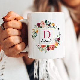 Bourgondiaal herfstbloem gouden kader monogram koffiemok